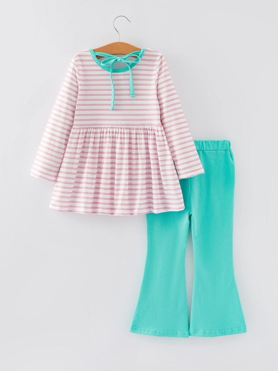 Valentine's Day Ruffle Stripe Smocking Embroidered Outfit Set