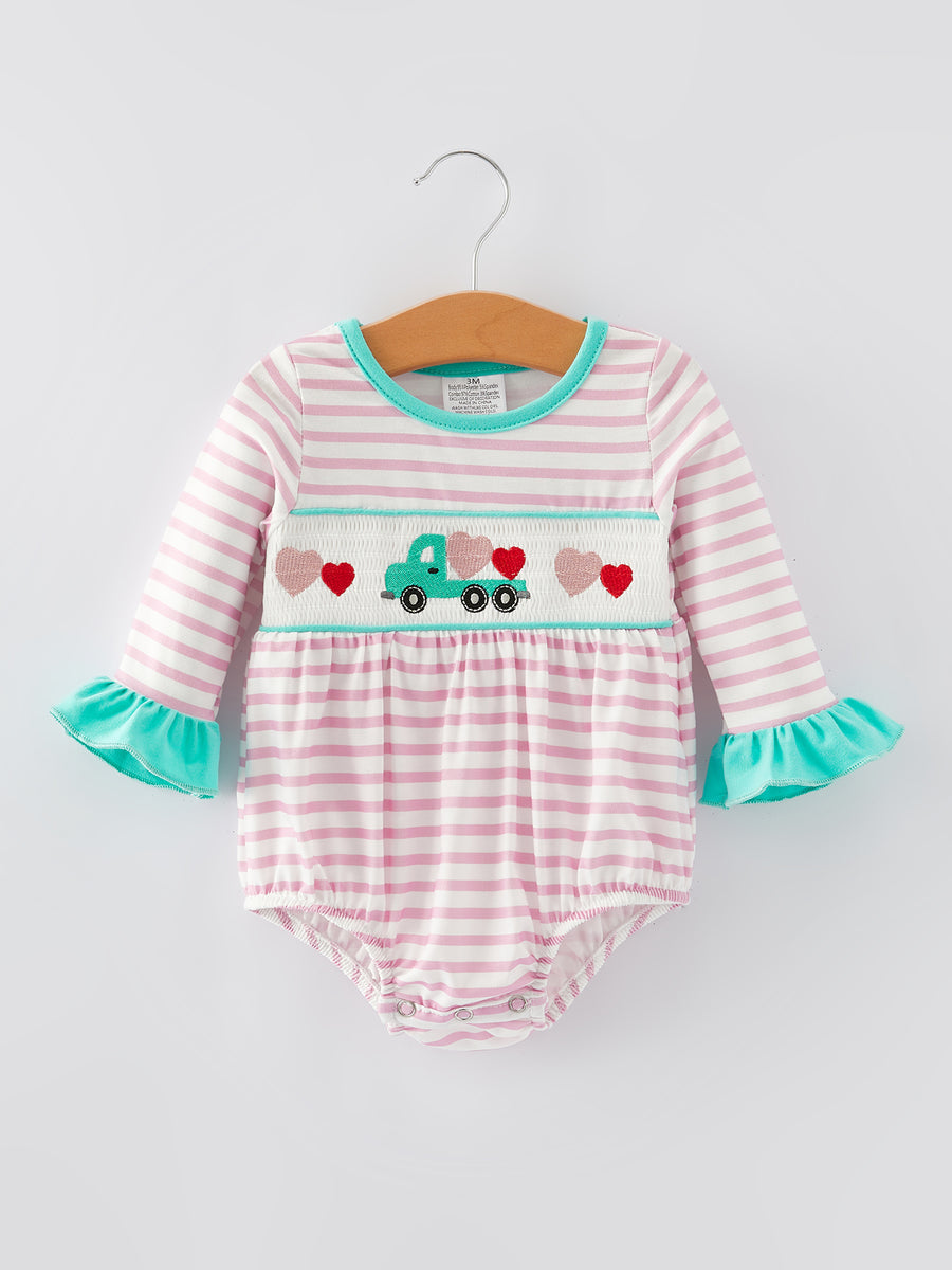 Valentine's Day Ruffle Stripe Smocking Embroidered Girls Romper