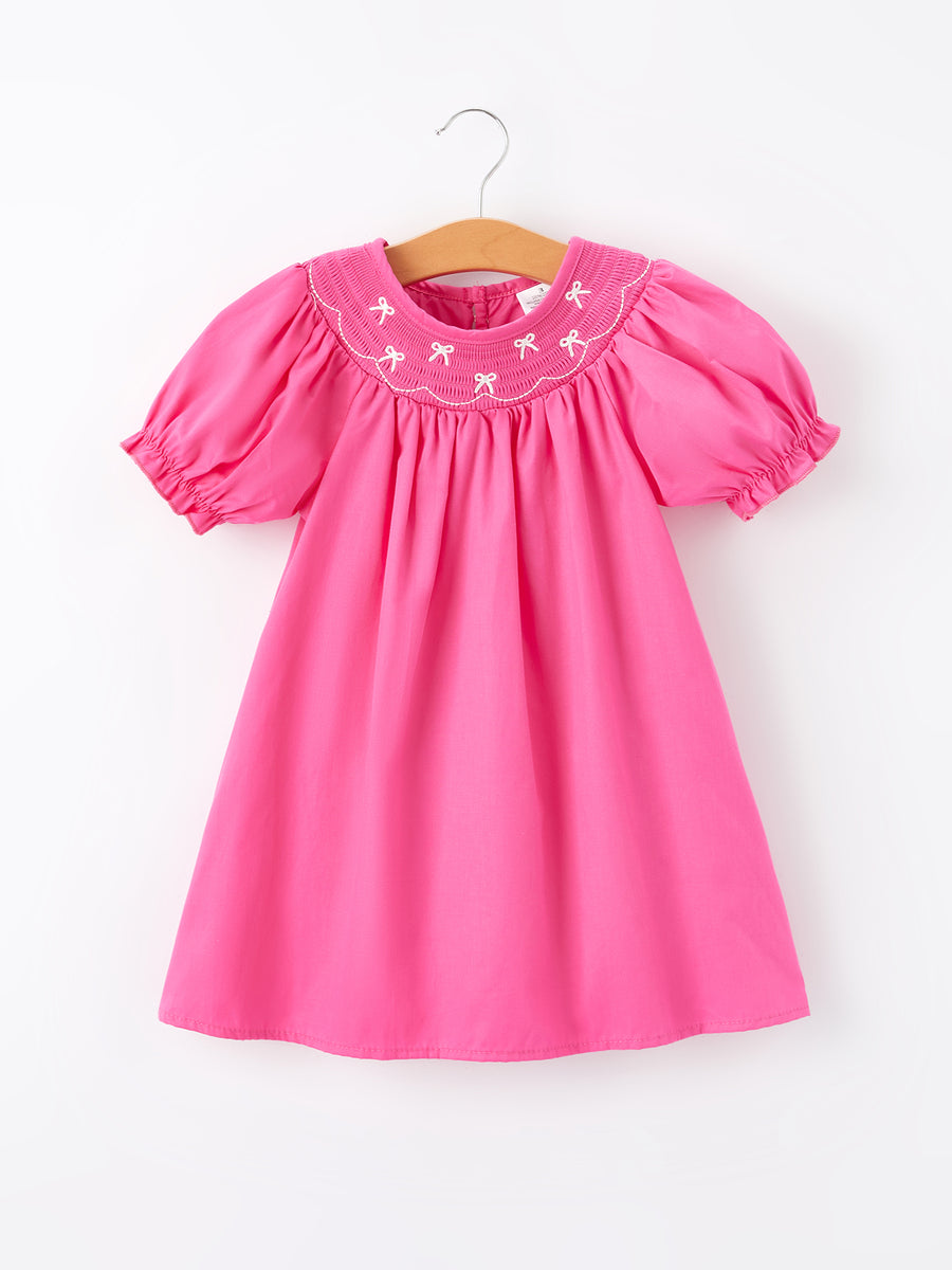 Girls Bow Smocking Embroidery Hot Pink Dress