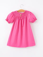 Girls Bow Smocking Embroidery Hot Pink Dress