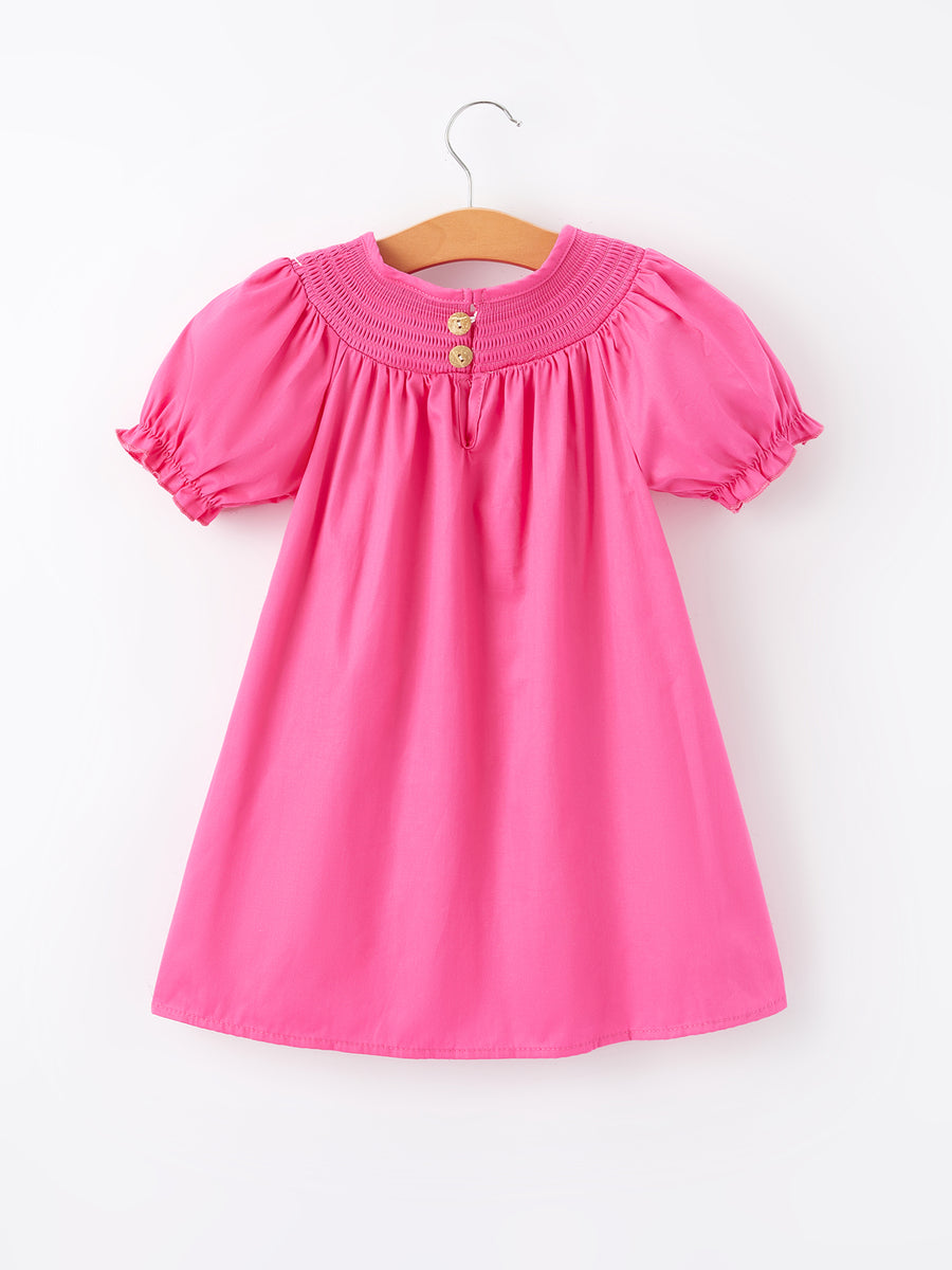 Girls Bow Smocking Embroidery Hot Pink Dress