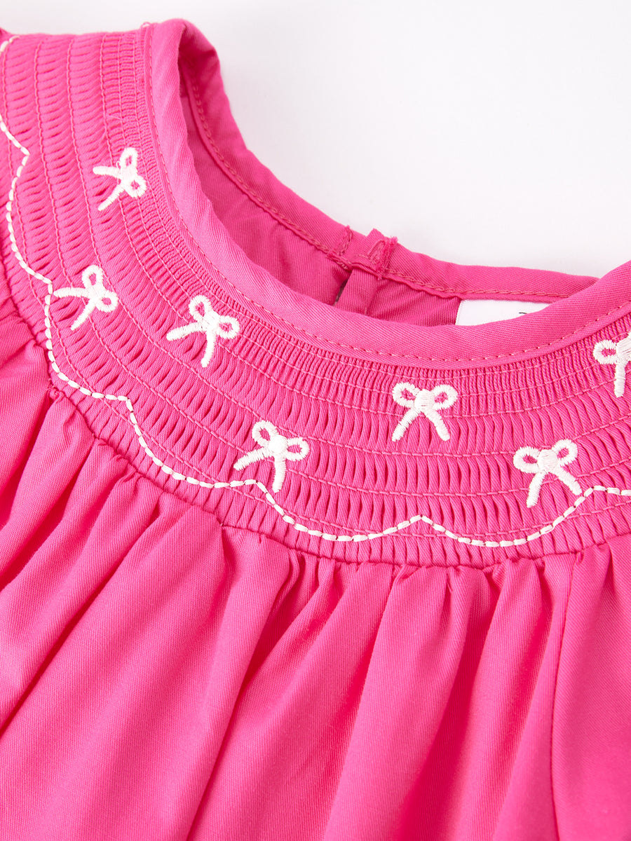 Girls Bow Smocking Embroidery Hot Pink Dress