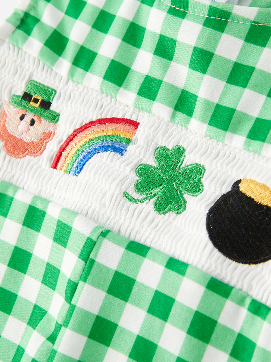 St. Patrick's Day Smocking Embroidered Green Plaid Boys' Romper