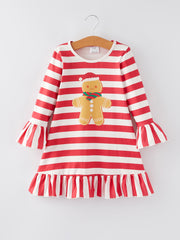 Girls Christmas Gingerbread Man Red and White Stripes Dress