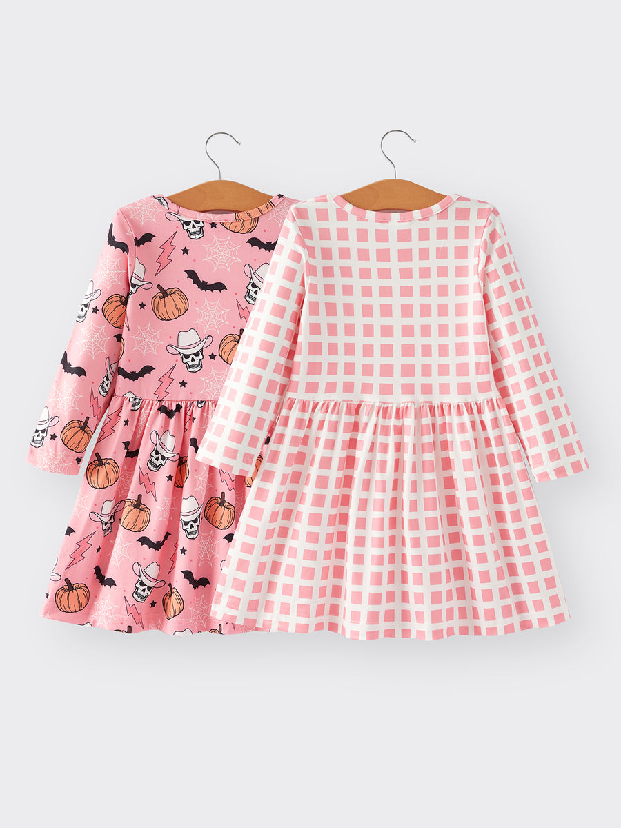 Halloween Girls Set Of 2 Pcs In One Package Girls Colorful Plaid Ghost Print Dress