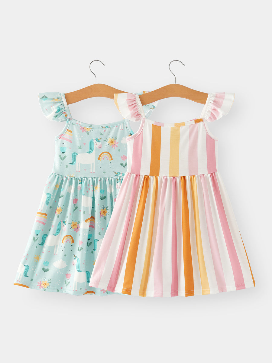 Girls Rainbow Stripe Print Dress 2-piece Set