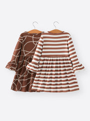 Fall Girls Ball Stripe Print Brown Dress  2-piece Set