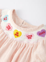 Valentine's Day Baby Girls Letters Heart Smocking Embroidered Stripes Romper