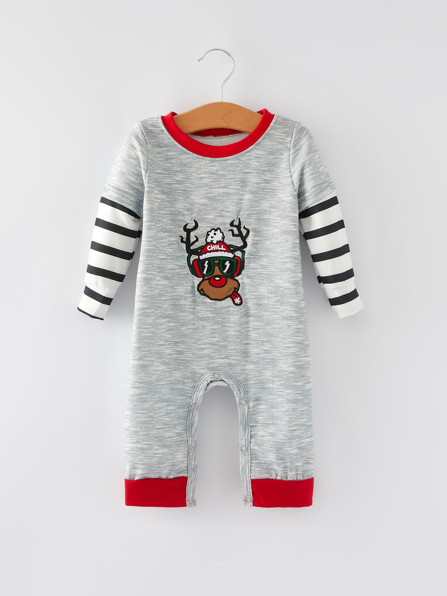 Christmas Reindeer Embroidery Striped Romper