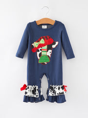 Girls Cow Applique Embroidered Romper