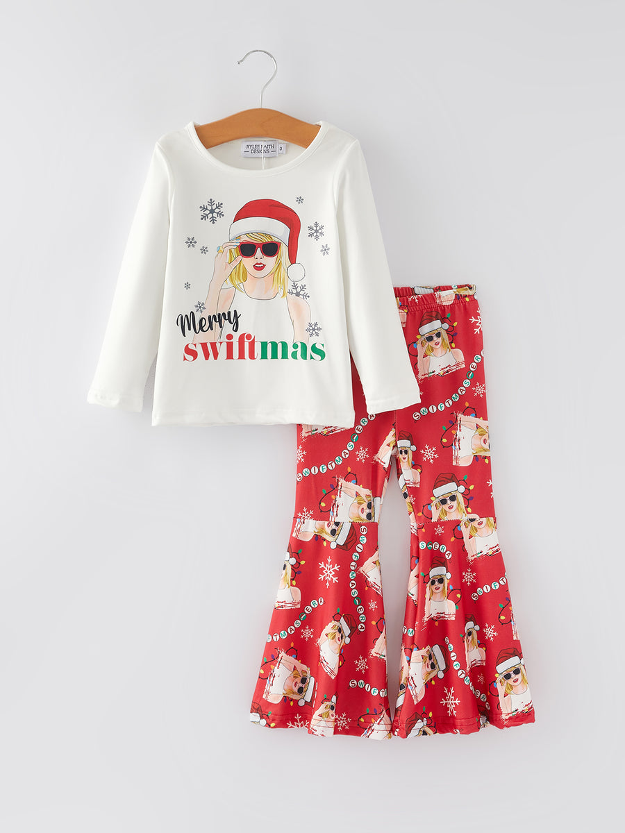 TS Christmas White Print Top + Pants Girls Outfits Set