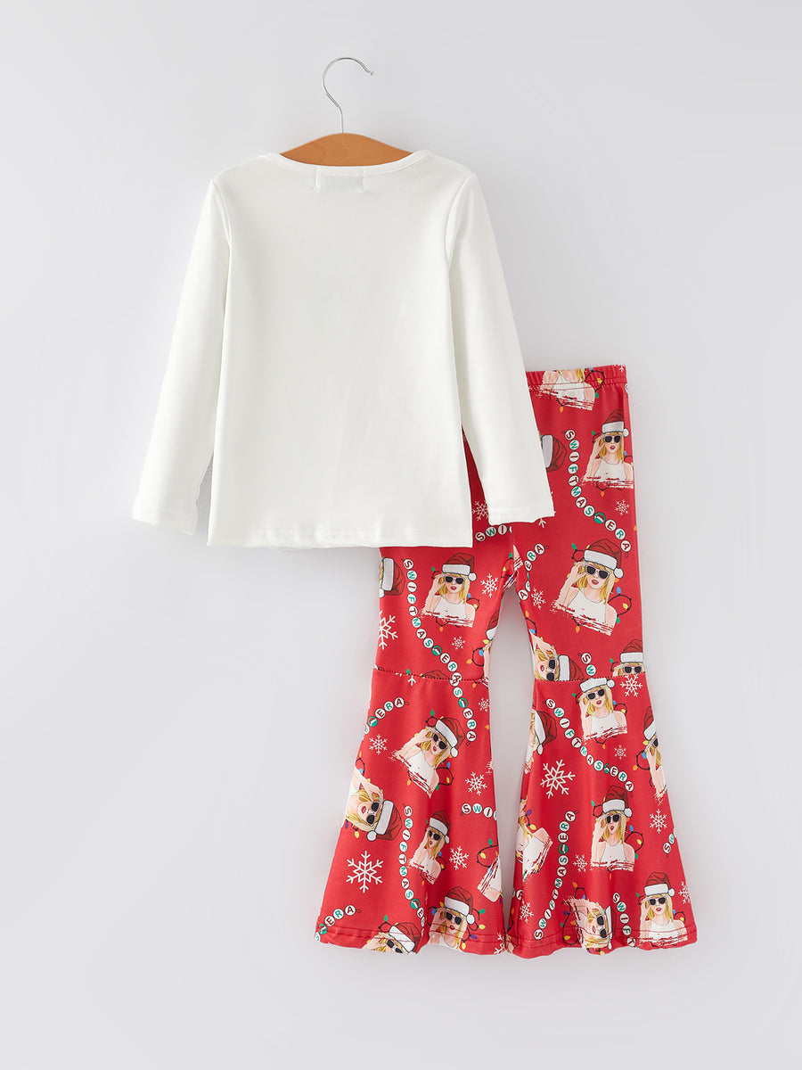 TS Christmas White Print Top + Pants Girls Outfits Set