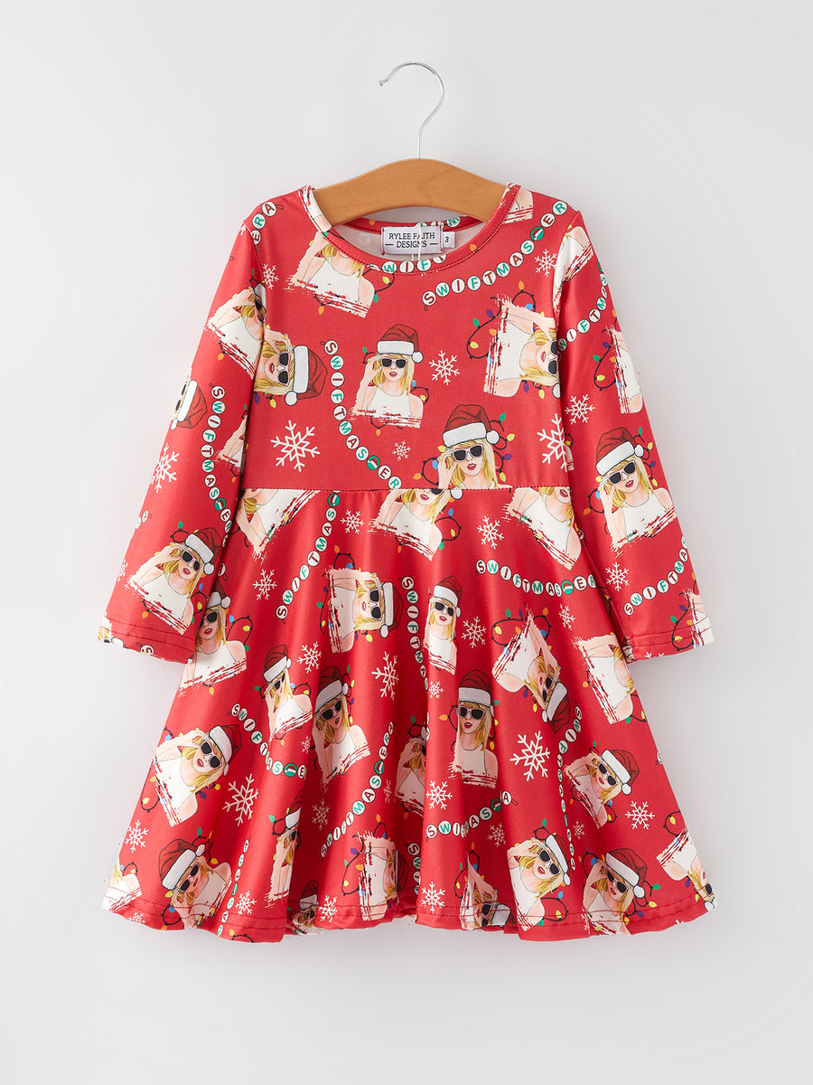 TS Christmas Print Red Girls Milk Silk Dress