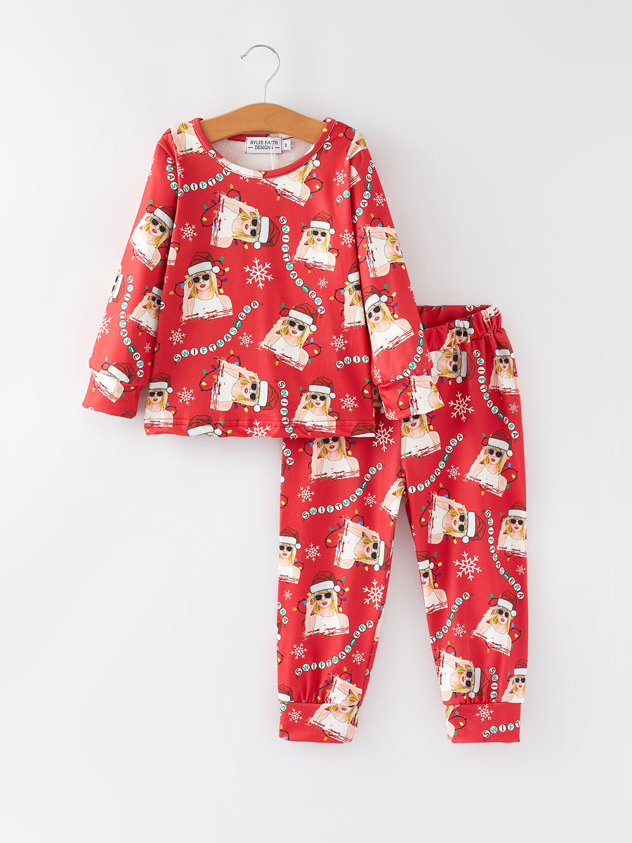 TS Christmas Print Red Girls Milk Silk Girls Pajamas