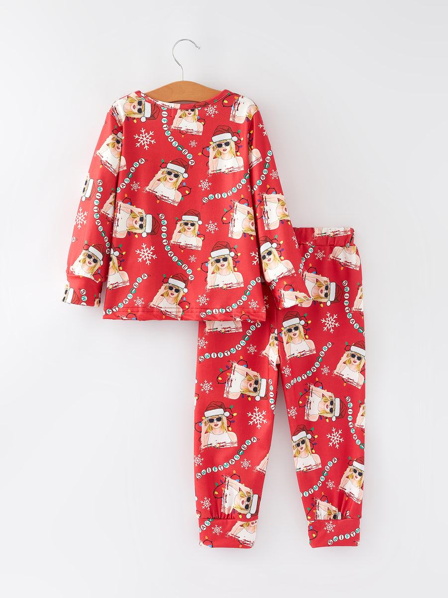 TS Christmas Print Red Girls Milk Silk Girls Pajamas