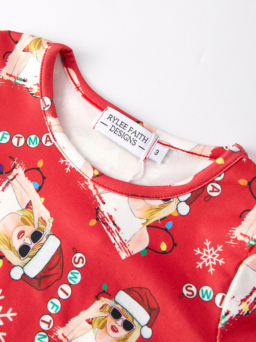 TS Christmas Print Red Girls Milk Silk Girls Pajamas