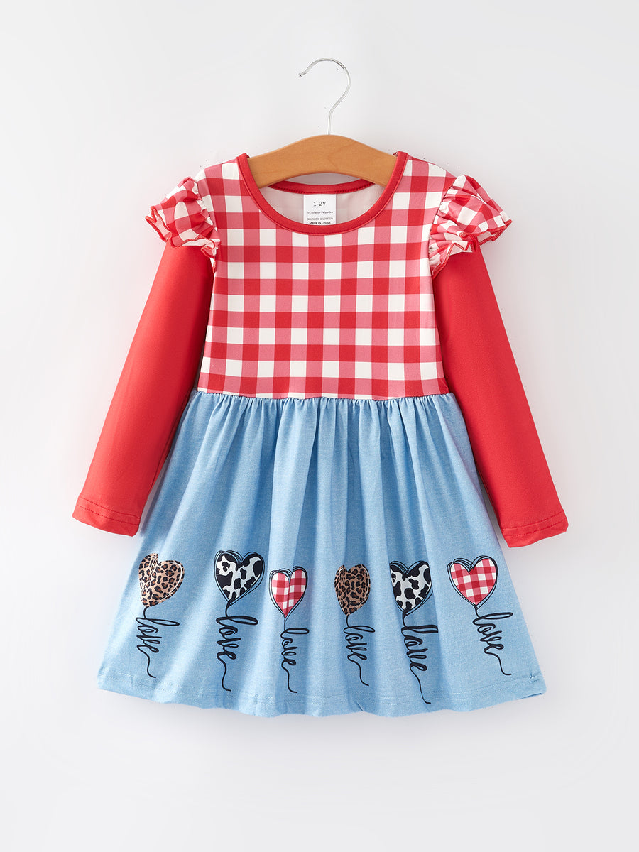 Valentine's Day Heart Plaid Leopard Balloon Print Girls Dress