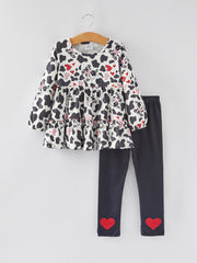 Valentine's Day Cow Pattern Heart Girls Long Sleeve Set