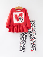 Valentine's Day Cow Pattern Heart Bleached Girl Red Long Sleeve Set