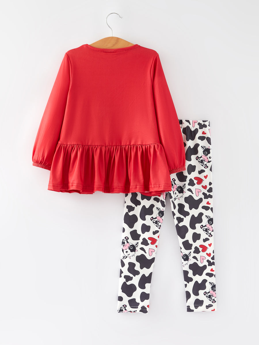 Valentine's Day Cow Pattern Heart Bleached Girl Red Long Sleeve Set