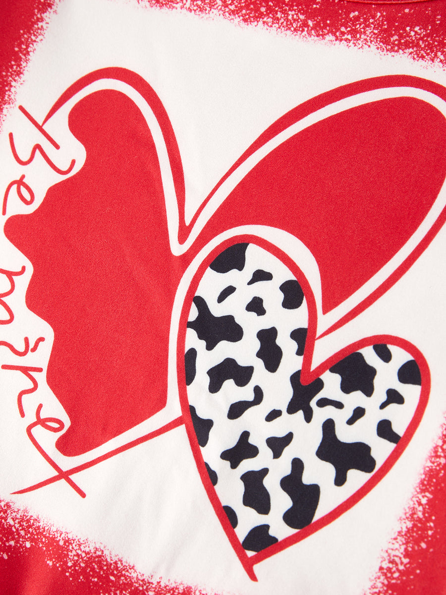 Valentine's Day Cow Pattern Heart Bleached Girl Red Long Sleeve Set