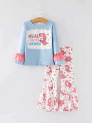 Valentine's Day Dinosaur Letter Print Ruffle Top Flared Pants Set