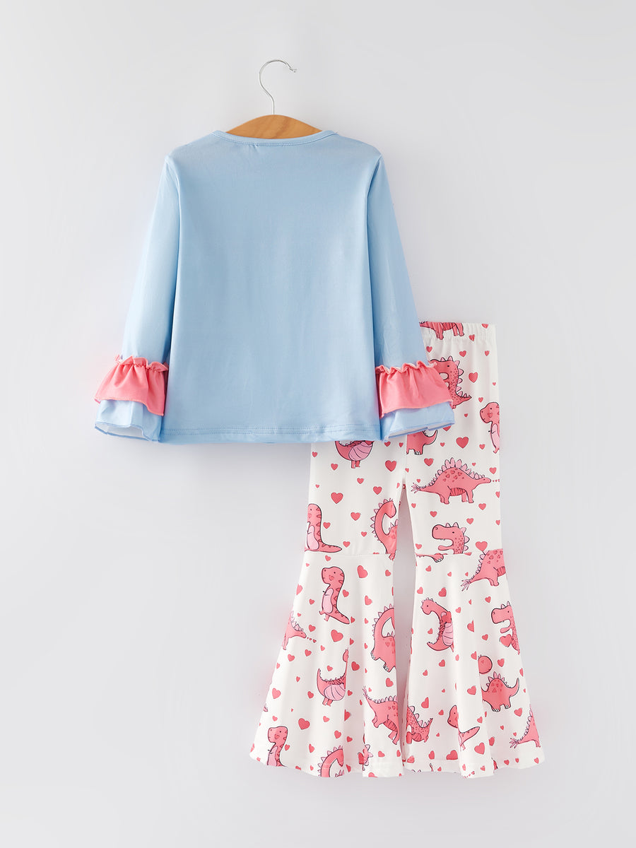 Valentine's Day Dinosaur Letter Print Ruffle Top Flared Pants Set