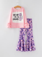 Valentine's Day Cute Dinosaur Letter Print Ruffles Girl Outfit Set