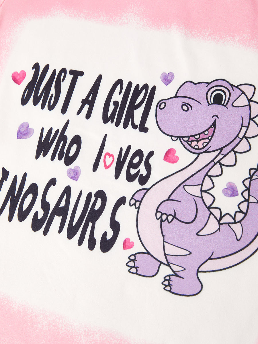 Valentine's Day Cute Dinosaur Letter Print Ruffles Girl Outfit Set