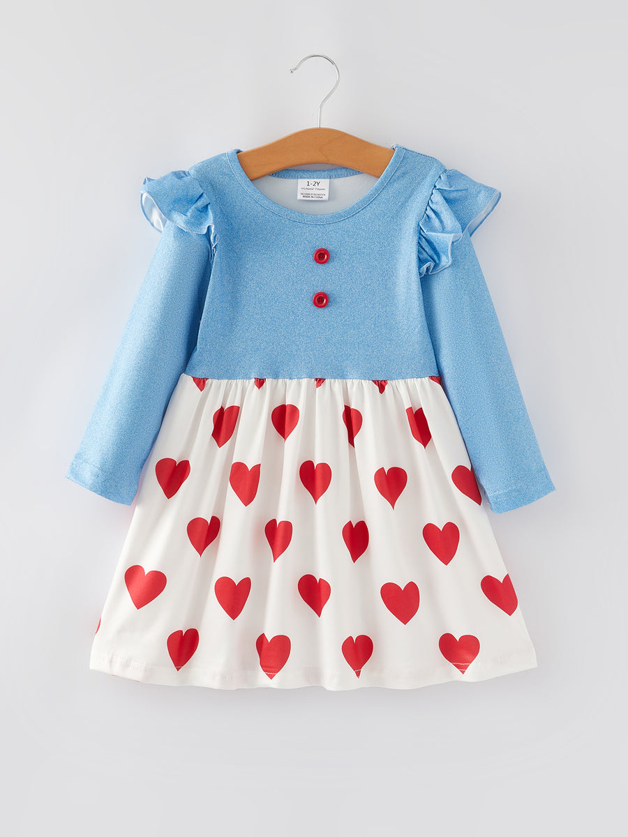 Valentine's Day Girls Heart Print Blue Dress