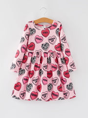 Valentine's Day Girls' Heart Letters Cow Print Dress