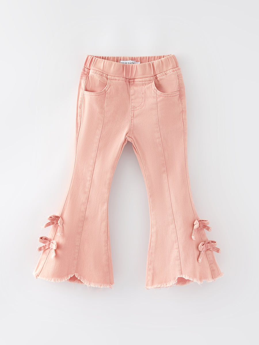 Girls Light Pink Bow Flared Elastic Denim Pants