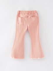 Girls Light Pink Bow Flared Elastic Denim Pants