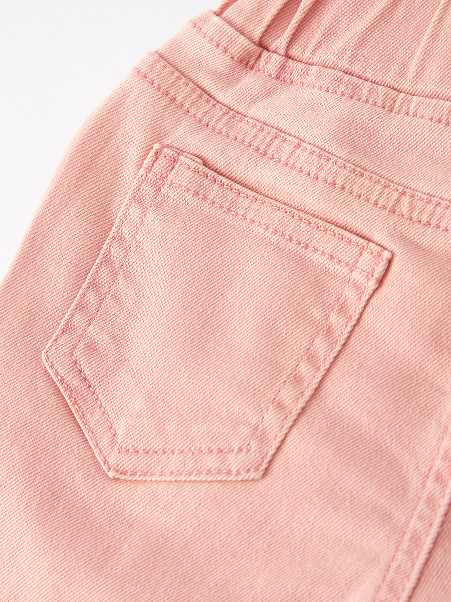 Girls Light Pink Bow Flared Elastic Denim Pants