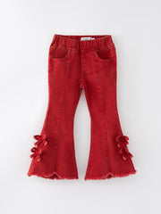 Girls Red Bow Flared Elastic Denim Pants