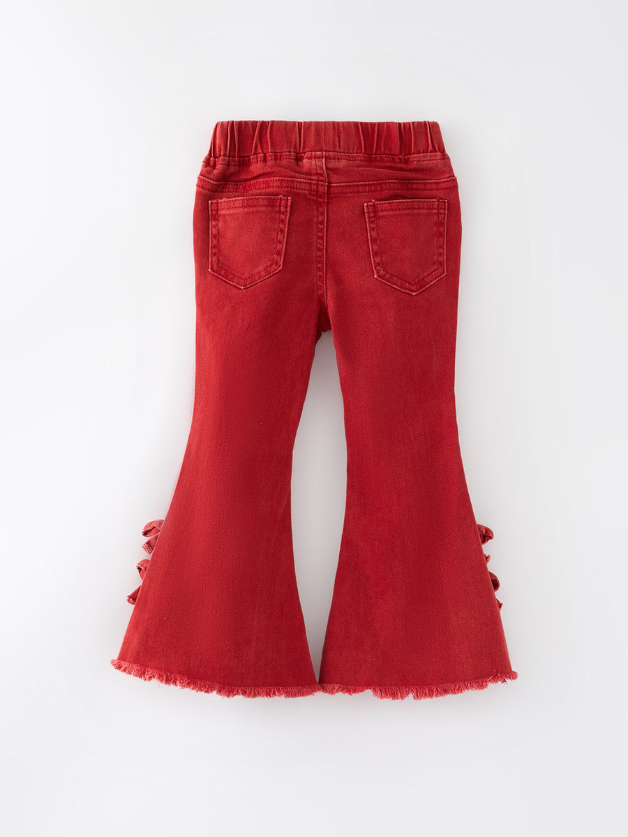 Girls Red Bow Flared Elastic Denim Pants