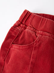 Girls Red Bow Flared Elastic Denim Pants