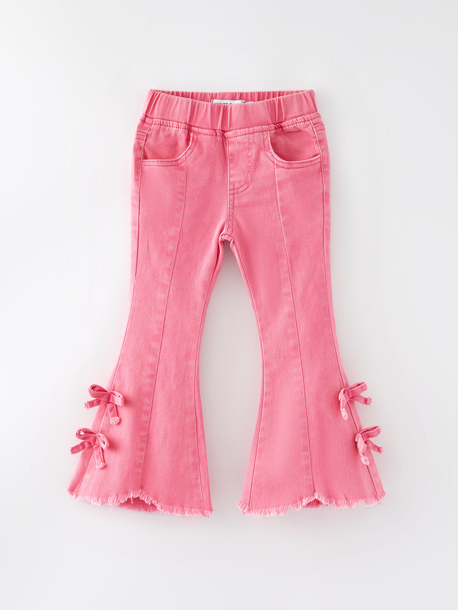 Girls Pink Bow Flared Elastic Denim Pants