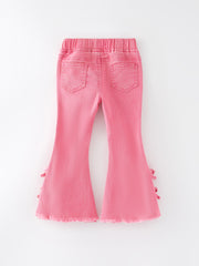 Girls Pink Bow Flared Elastic Denim Pants