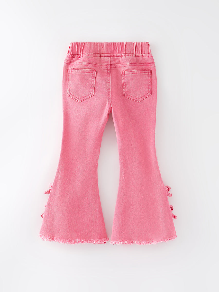 Girls Pink Bow Flared Elastic Denim Pants