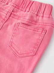 Girls Pink Bow Flared Elastic Denim Pants