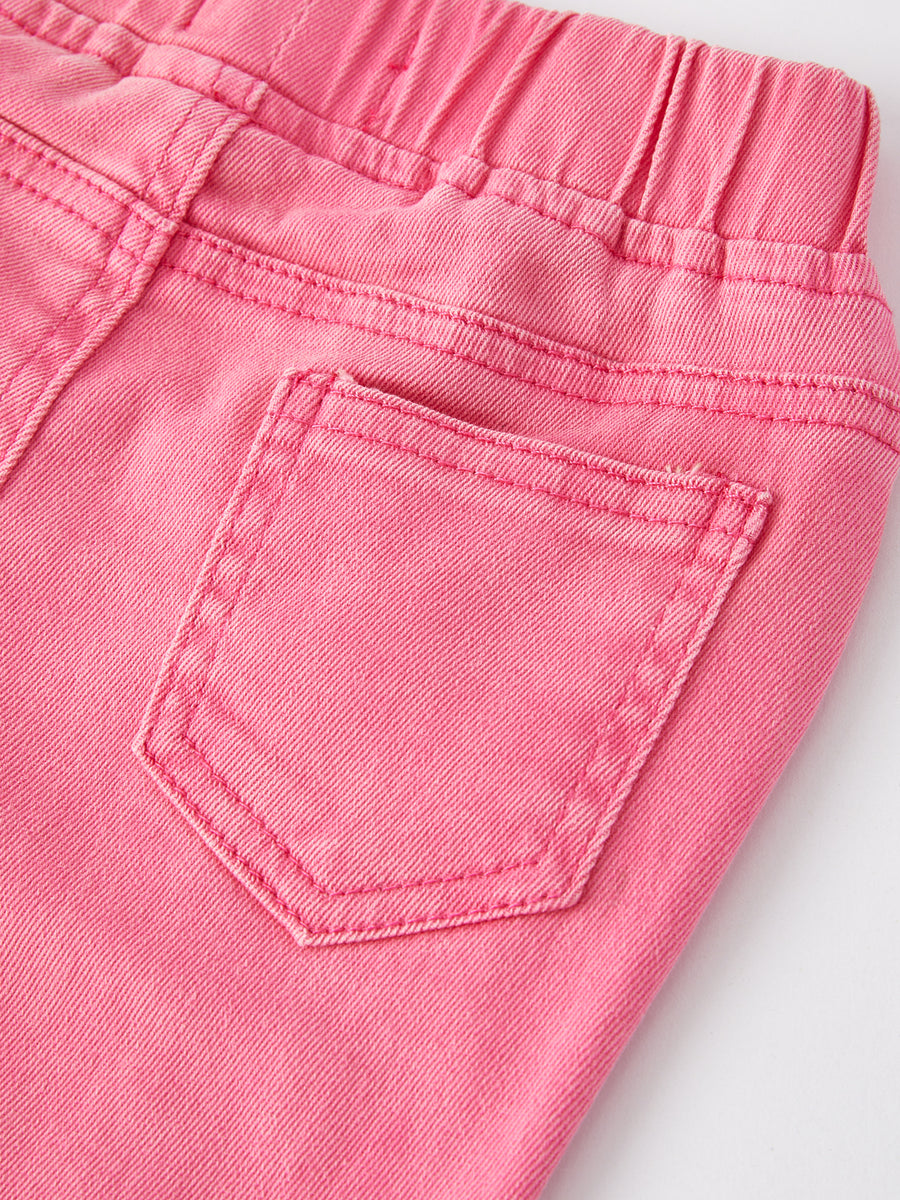 Girls Pink Bow Flared Elastic Denim Pants