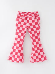 Girls Pink Plaid Print Elastic Flared Pants Jeans