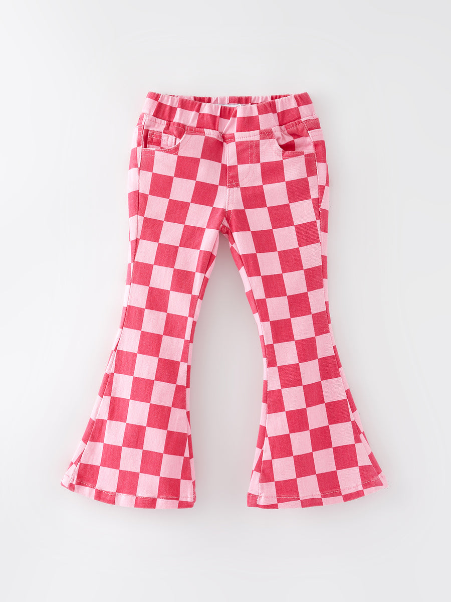 Girls Pink Plaid Print Elastic Flared Pants Jeans