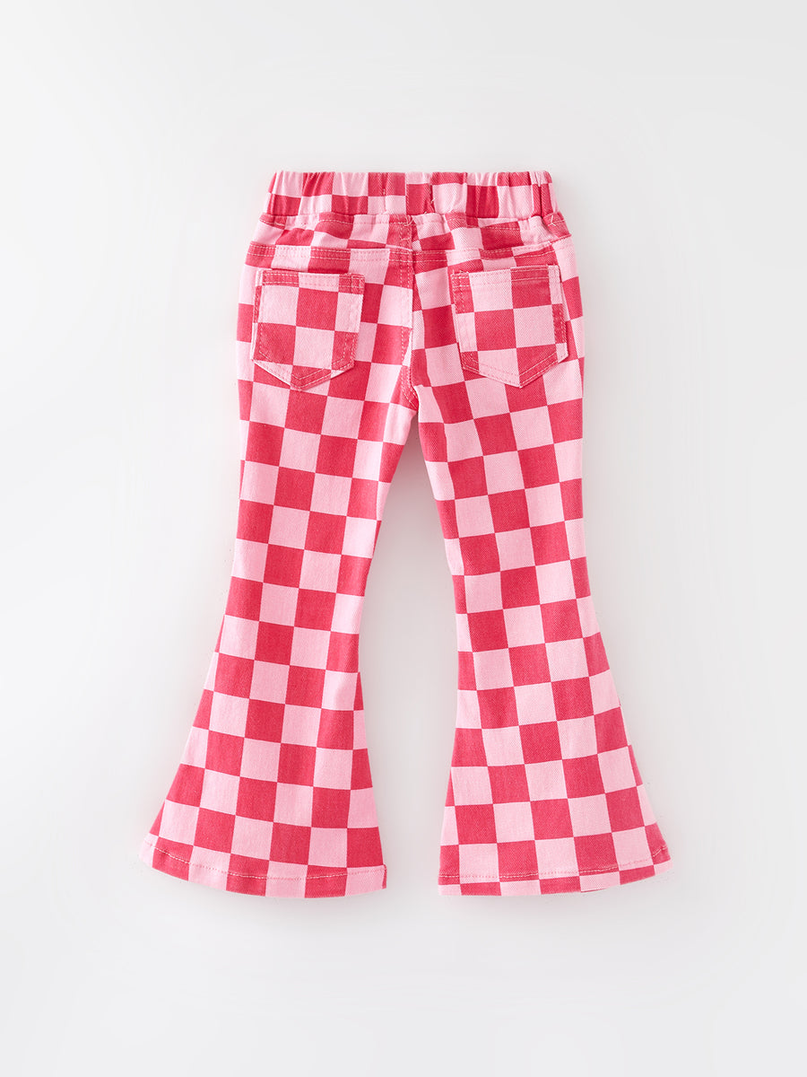 Girls Pink Plaid Print Elastic Flared Pants Jeans