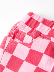 Girls Pink Plaid Print Elastic Flared Pants Jeans