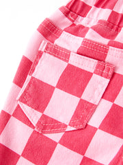 Girls Pink Plaid Print Elastic Flared Pants Jeans