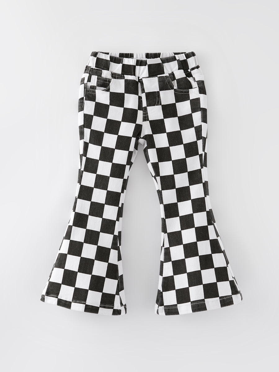 Girls Black and White Check Print Elastic Flared Jeans