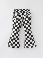 Girls Black and White Check Print Elastic Flared Jeans