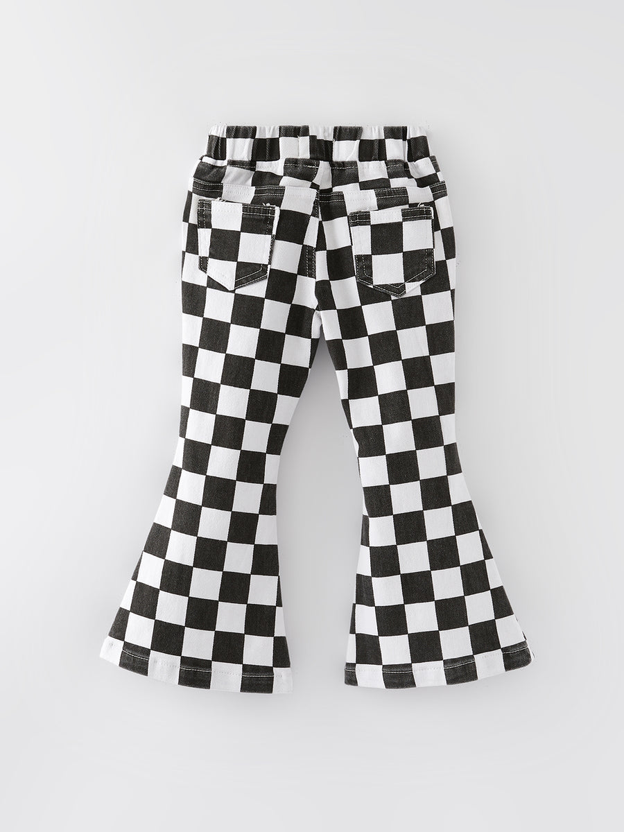 Girls Black and White Check Print Elastic Flared Jeans